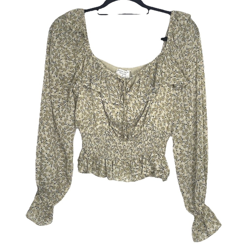 Dress Forum Los Angeles Floral Smocked Waist Ruffle Blouse Yellow Green Women M